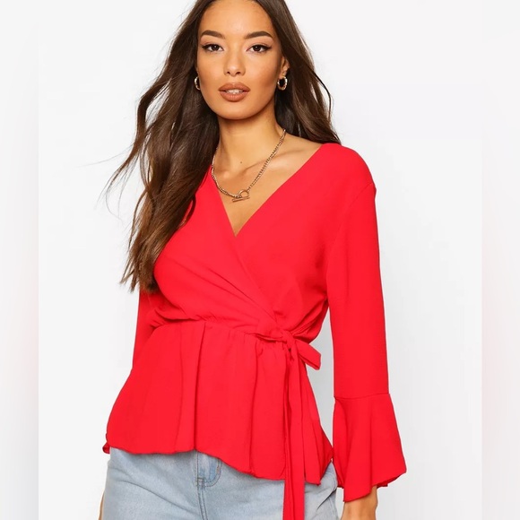 NWT Boohoo Wrap Front Peplum Blouse - Picture 1 of 6